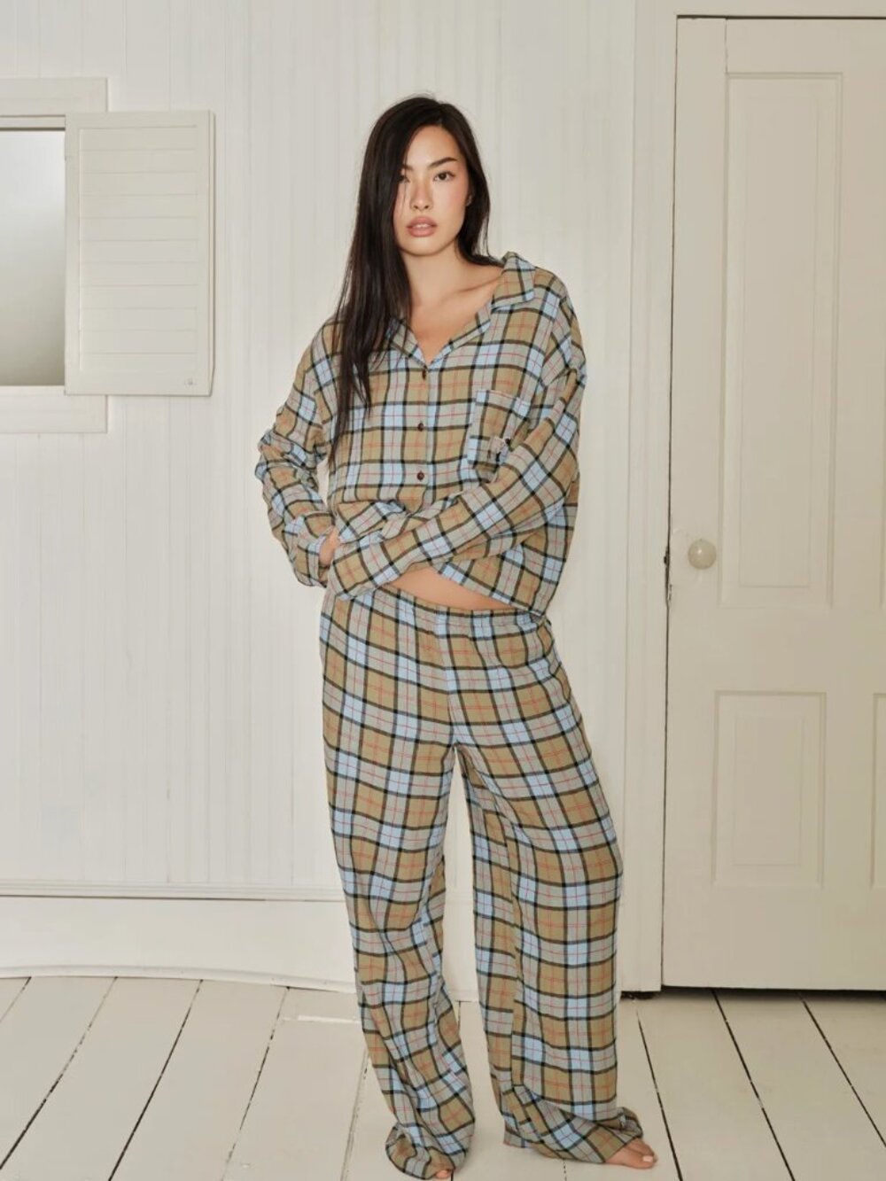 Dairy Boy Farm Friends Sleep Set in Sheep Scottish Plaid, Size Medium